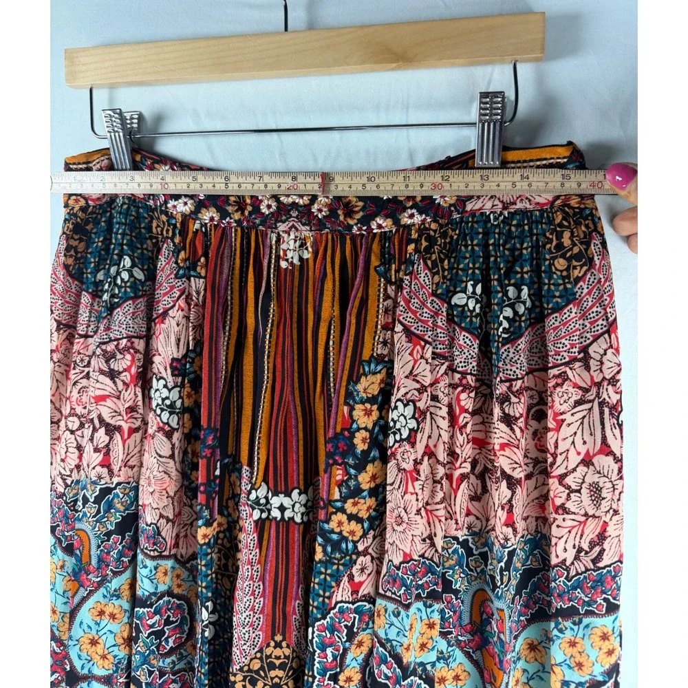 Boho Mixed Print High Low Maxi Skirt with Embroidered Beaded Waistband Viscose - Picture 4 of 9